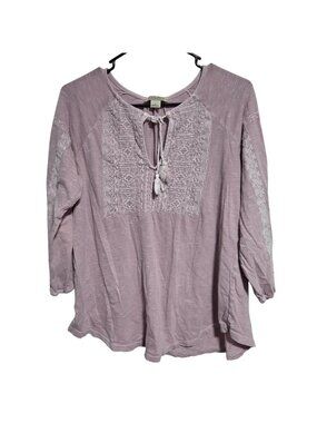 Lucky Brand Boho Top Size Large Embroidered Purple 3/4 Sleeves Tassel Tie Casual